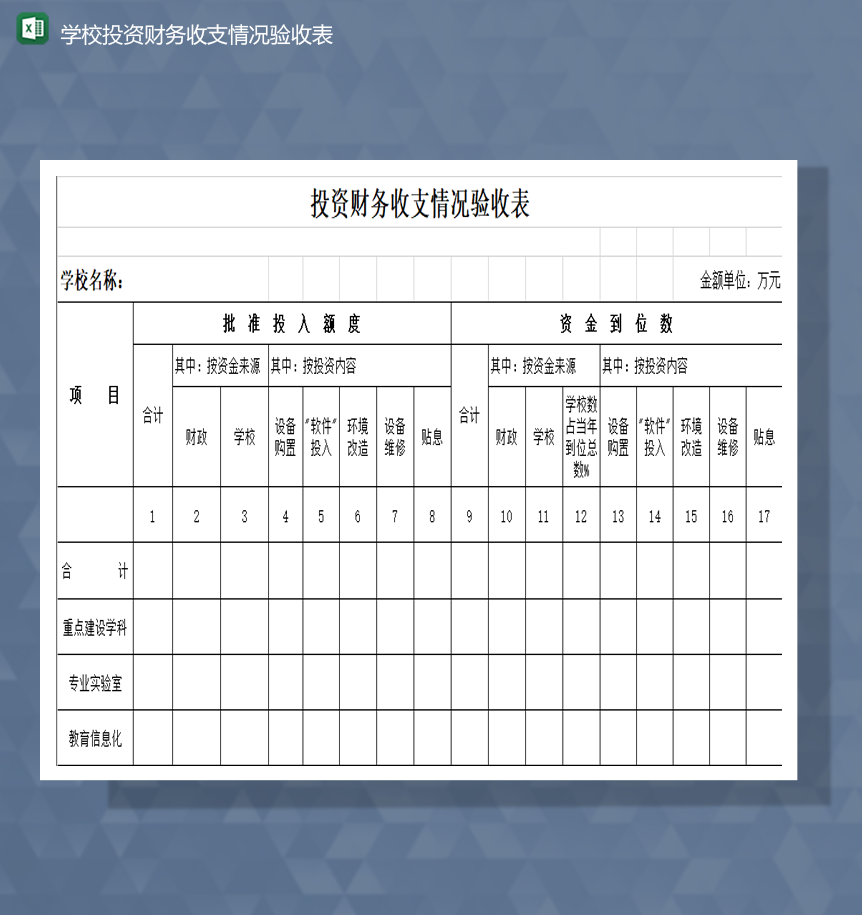 学校投资财务收支情况验收表Excel模板