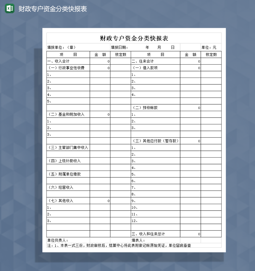 财政专户资金分类快报表Excel模板