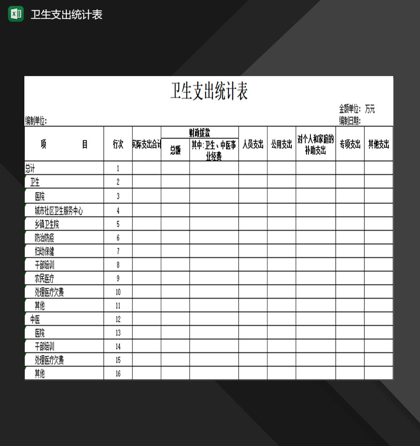 财政公共卫生服务项目支出统计表Excel模板