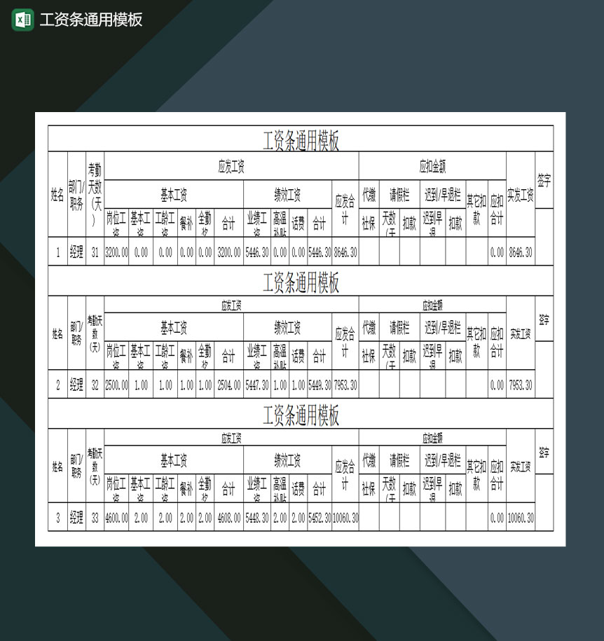 工资条通用模板excel模板