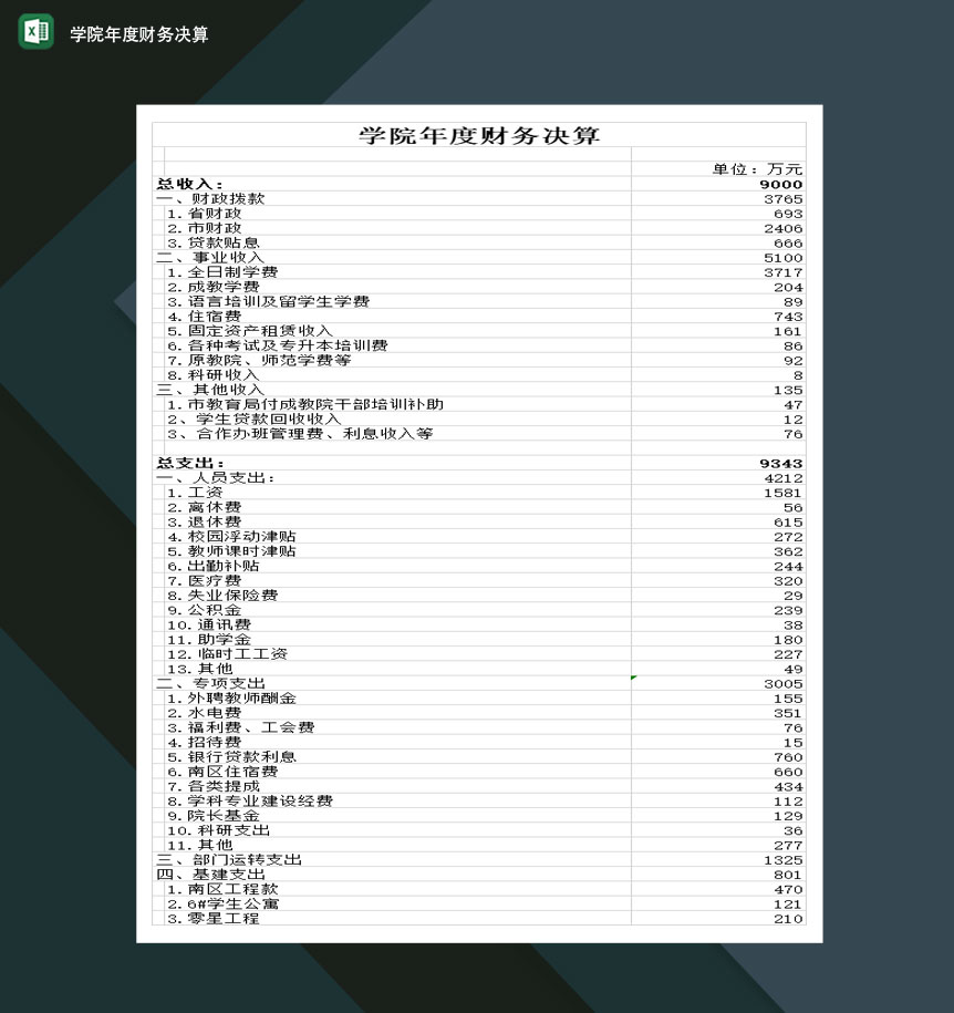 重点高等学院年度财务决算Excel模板