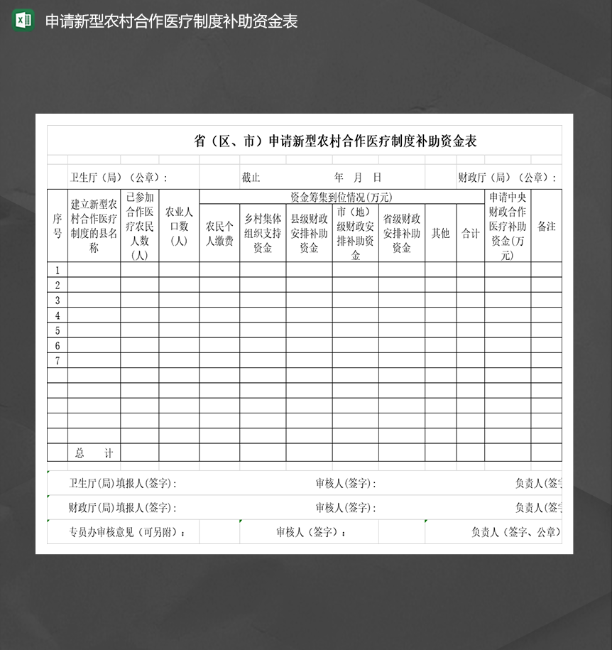 申请新型农村合作医疗制度补助资金表Excel模板