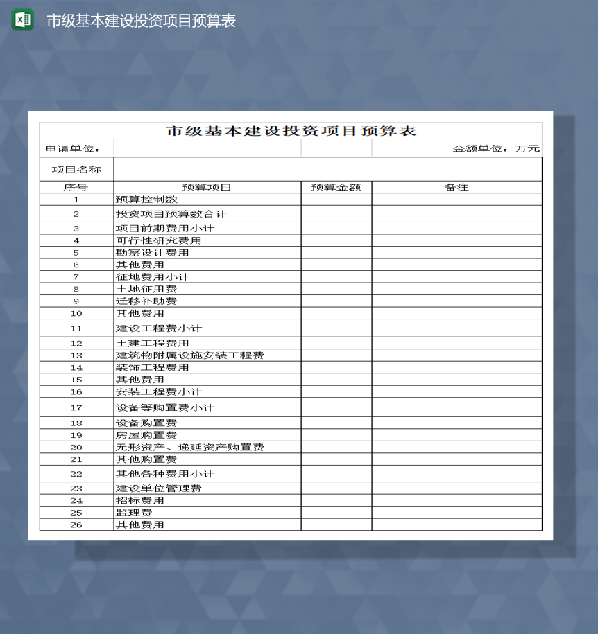 市级基本建设投资项目预算财务预算表Excel模板