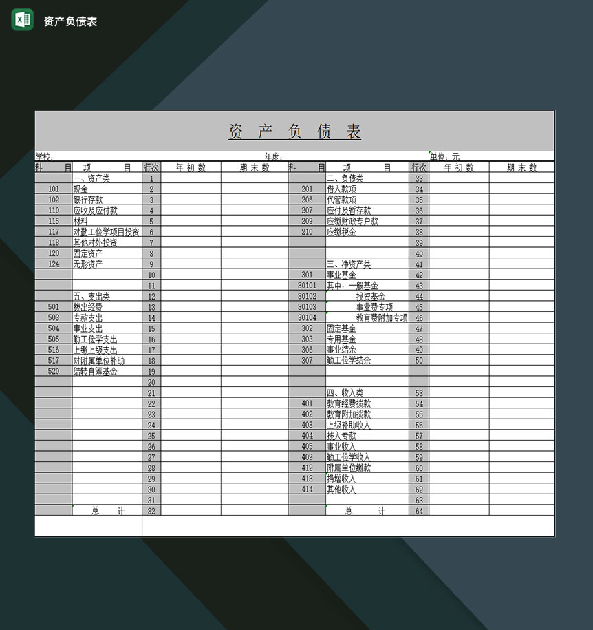 全新企业资产负债项目明细登记表格Excel模板