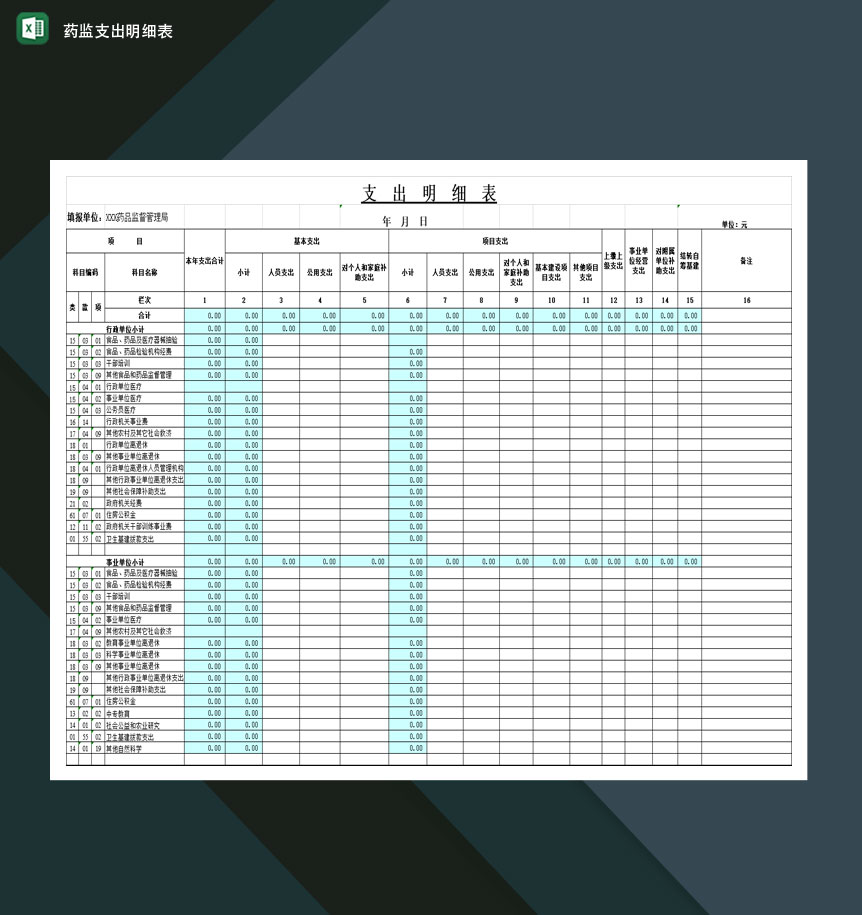 关于药监支出明细表Excel模板