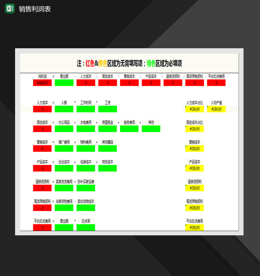 电商销售利润表（自带公式）Excel模板