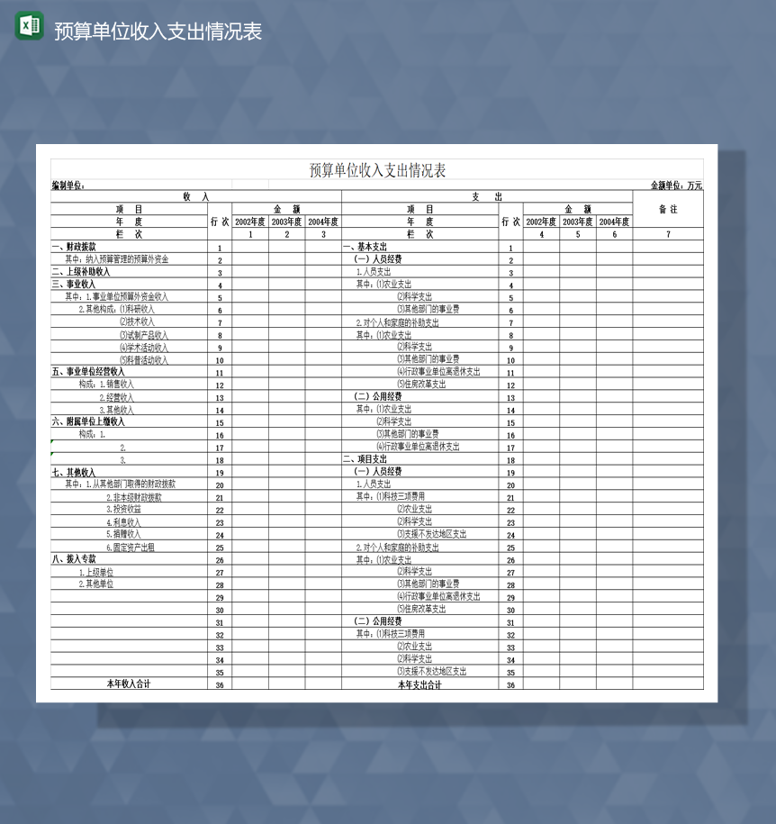 预算单位收入支出情况表财务会计Excel模板