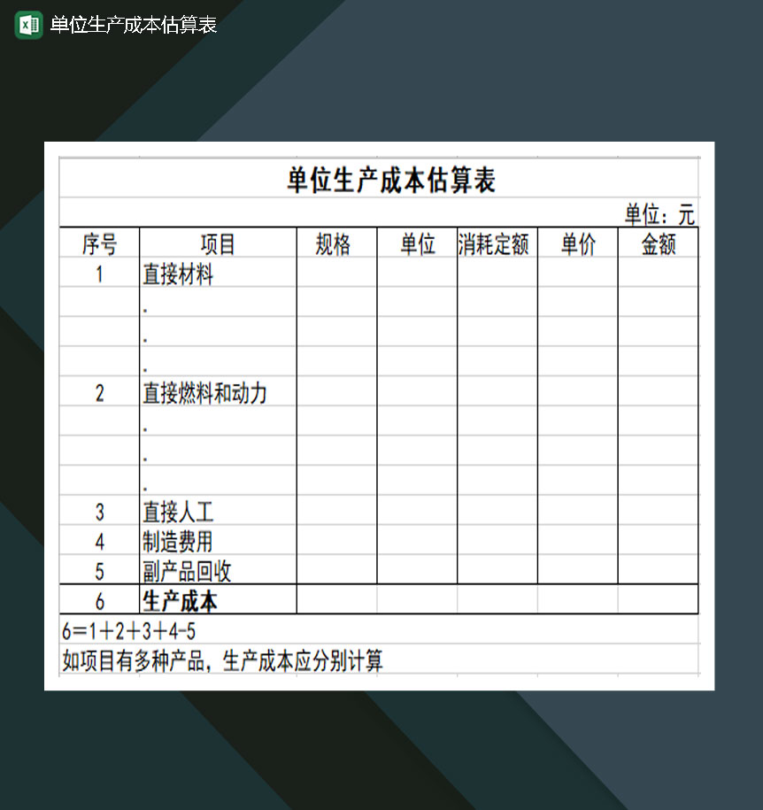 单位生产成本估算表Excel模板