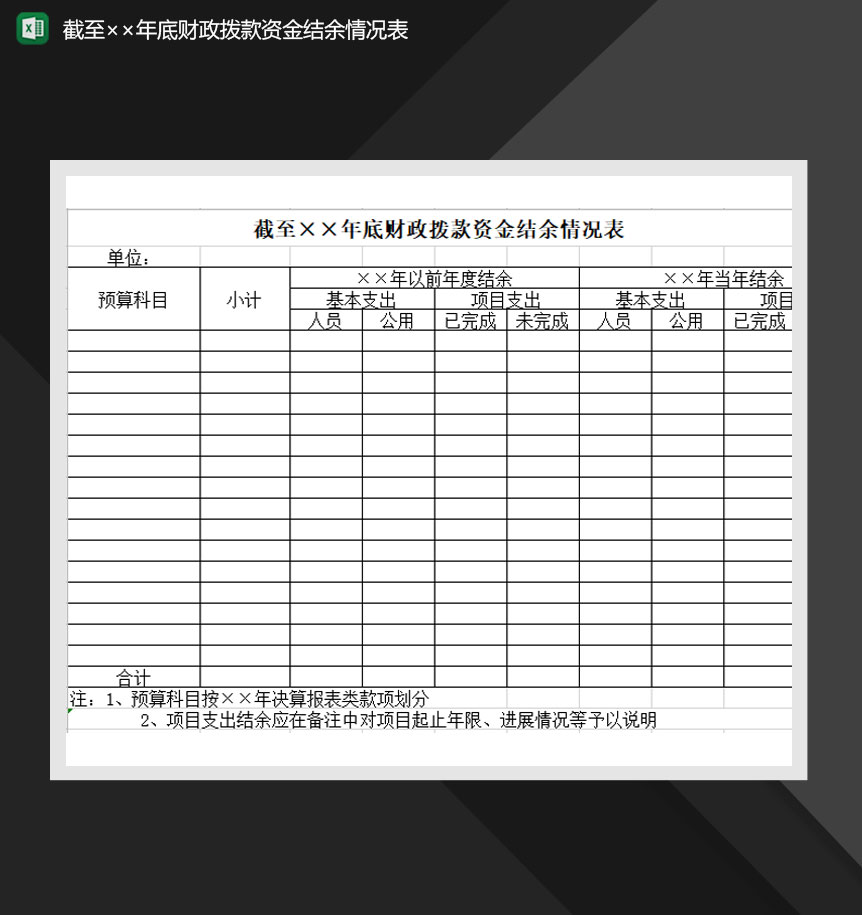 财政拨款资金结余情况年报表Excel模板