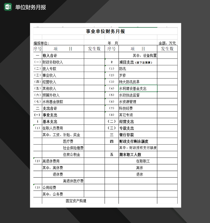 事业单位财务月报财务管理表格模板Excel模板-1