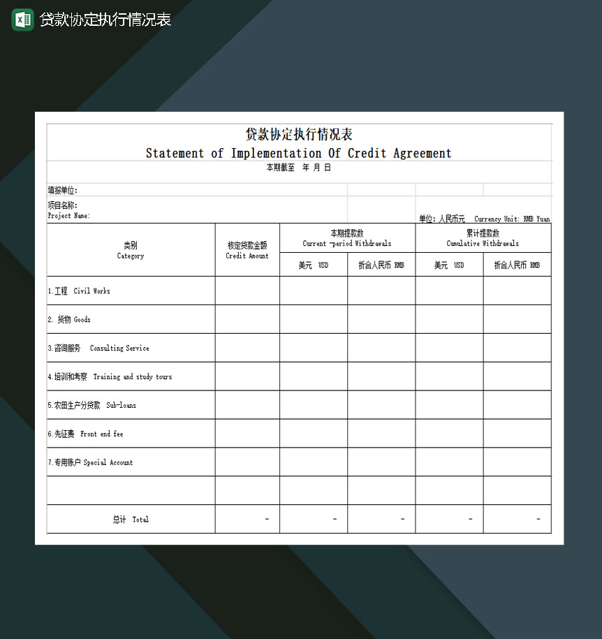 贷款协定执行情况表Excel模板