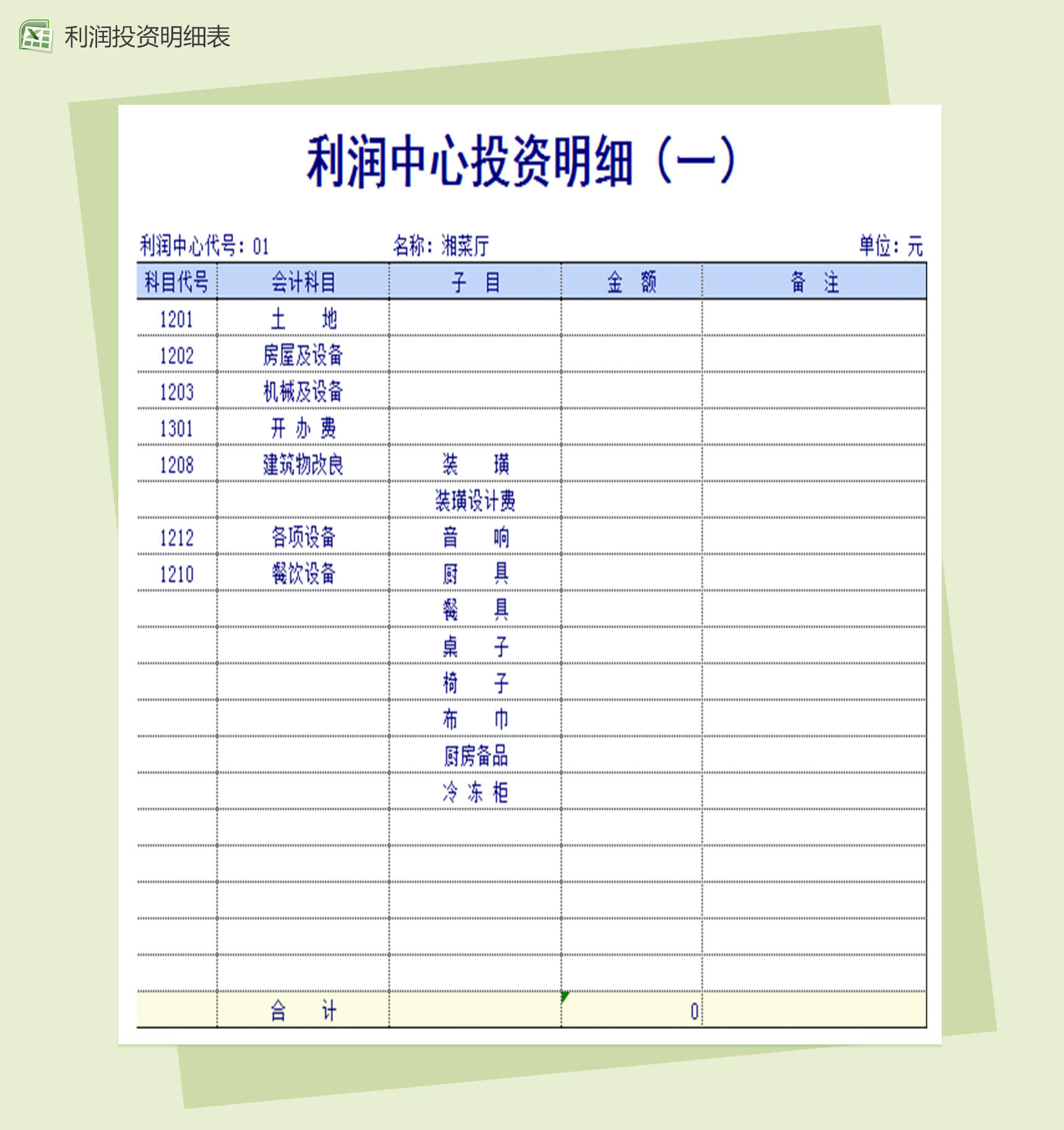 利润中心投资明细Excel表