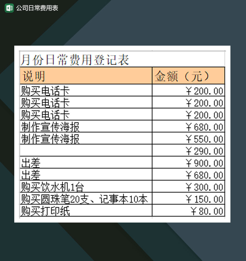 公司办公费日常费用表Excel模板