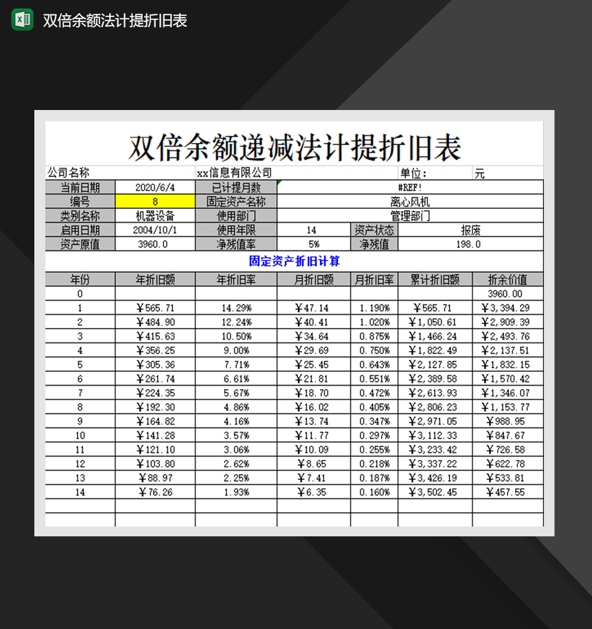 固定资产双倍余额法计提折旧表财务统计报表Excel模板-1