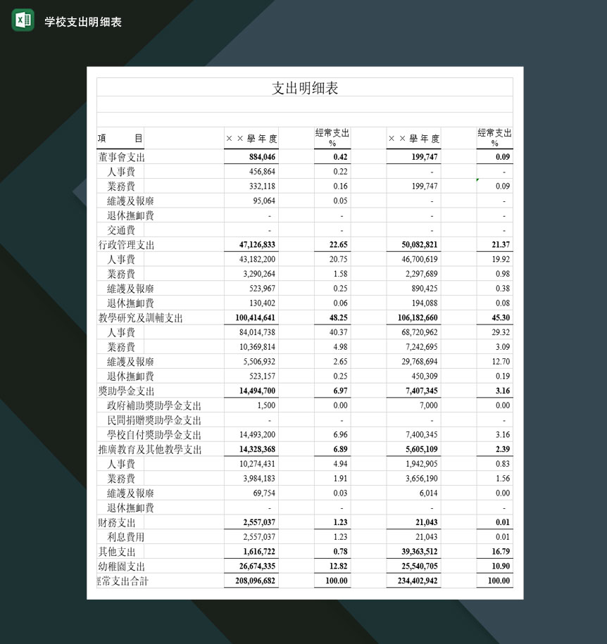 重点高等学校支出明细表Excel模板