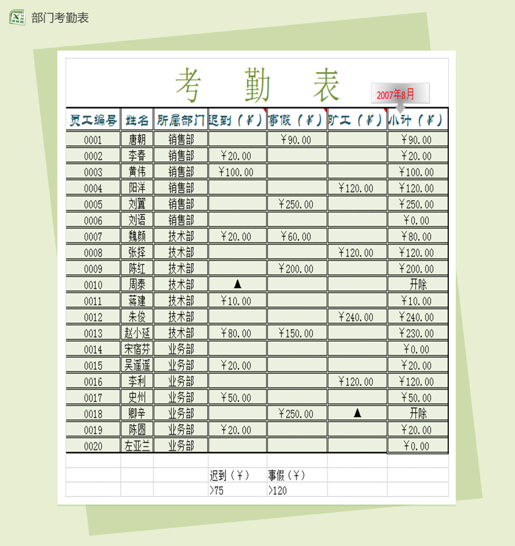 公司企业个部门考勤Excel表格模板