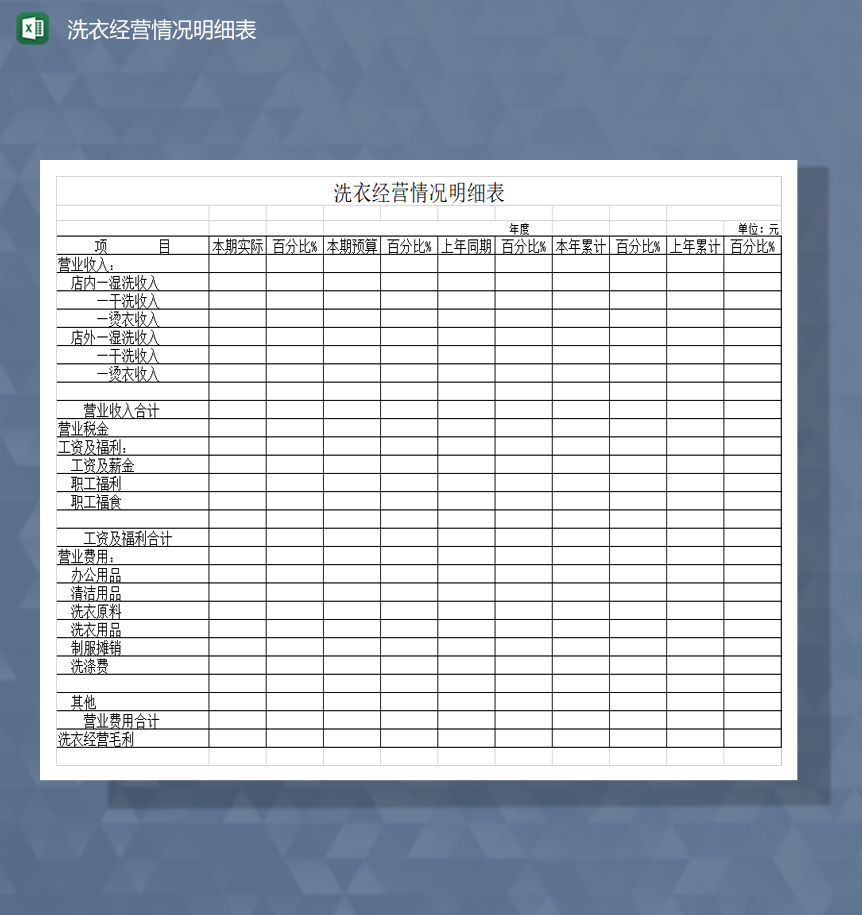 洗衣经营情况明细表Excel模板