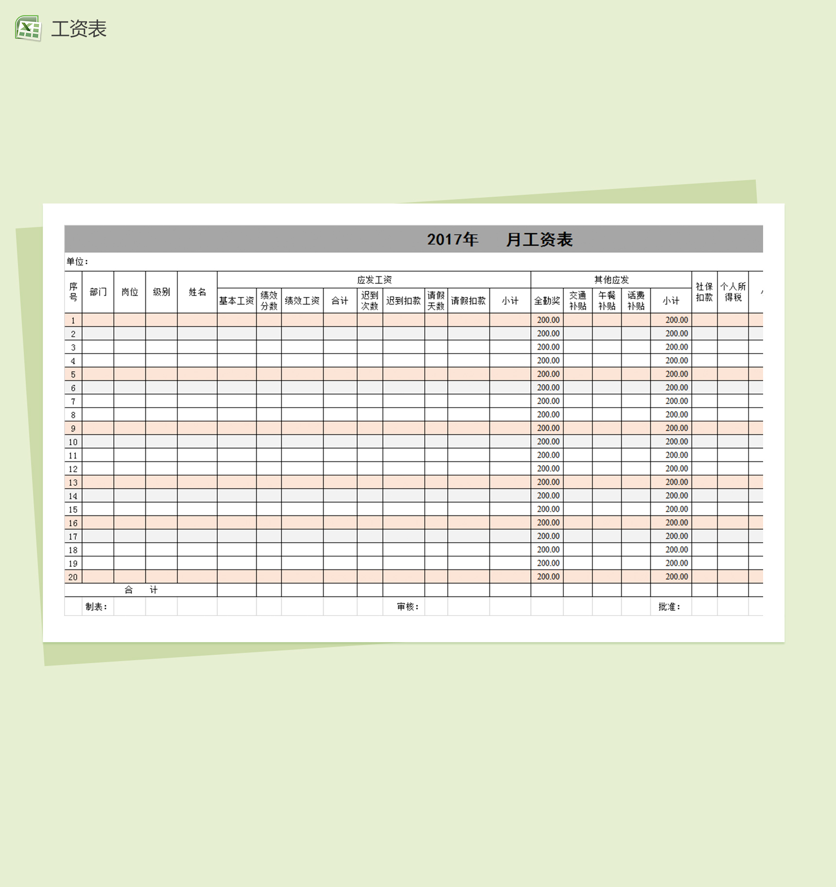 带全勤公式的员工工资表excel表格模板
