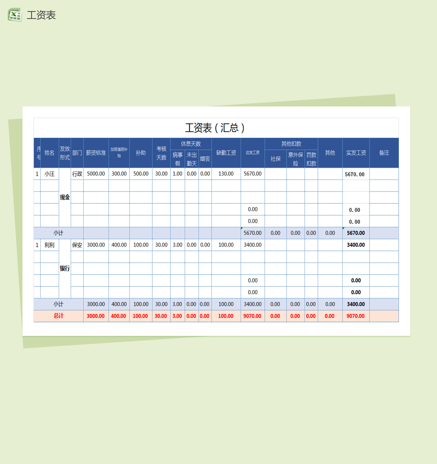 蓝色简洁工资汇总excel表格模板