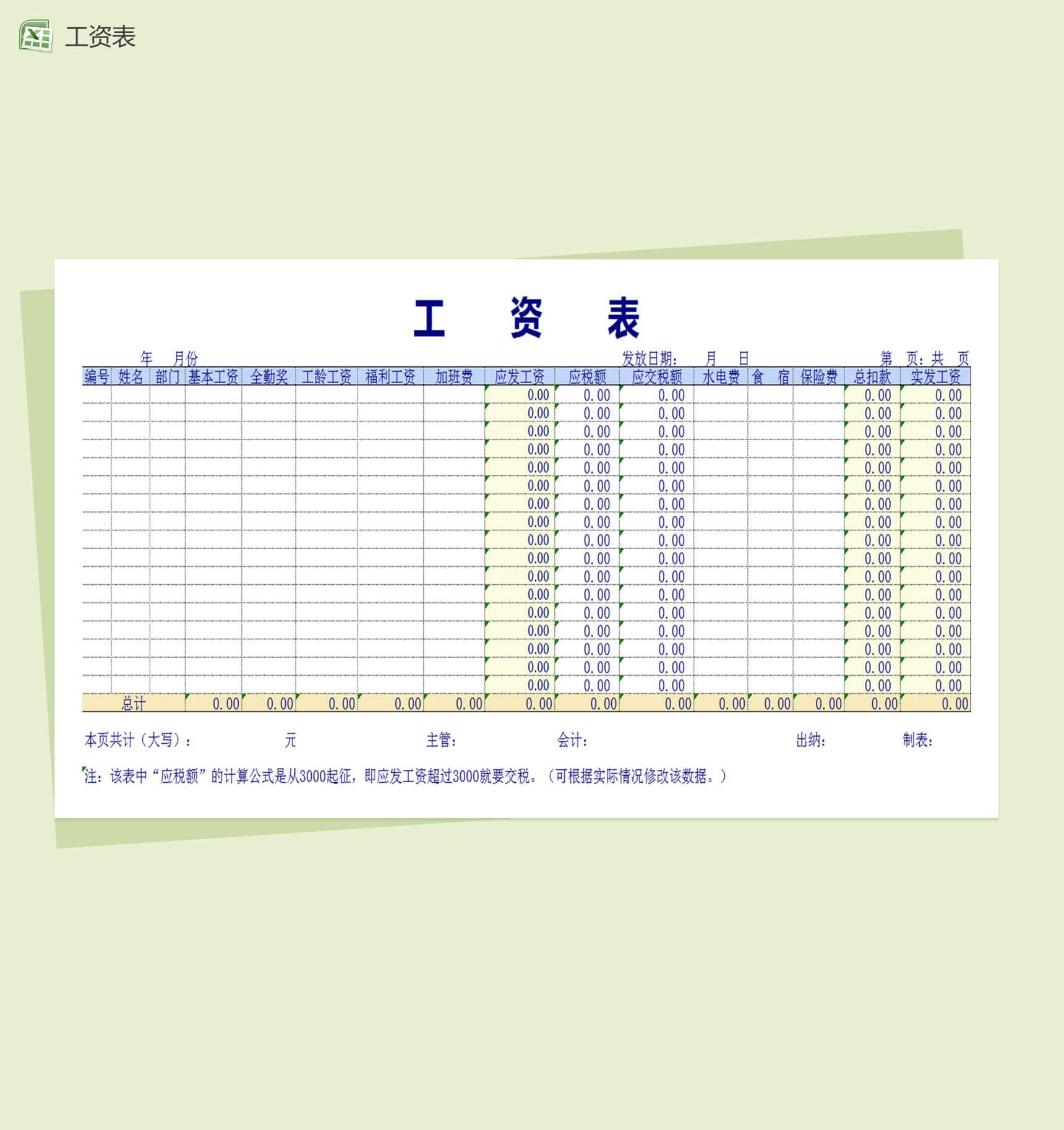 企业公司工资表Excel表格模板下载