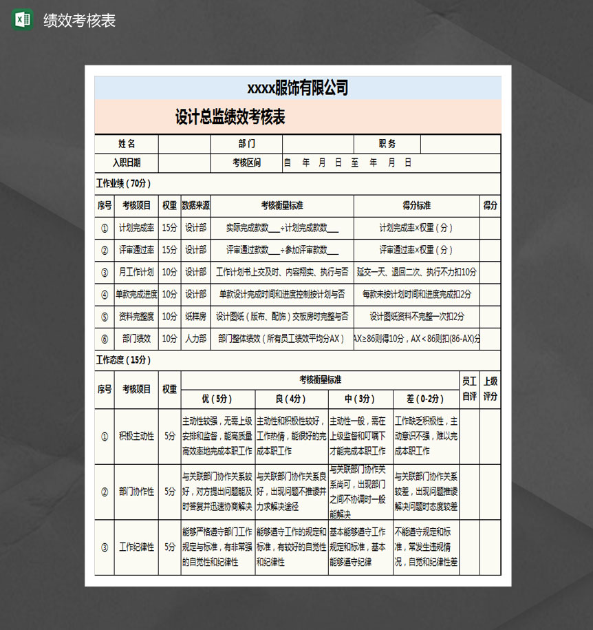 设计总监绩效考核表Excel模板