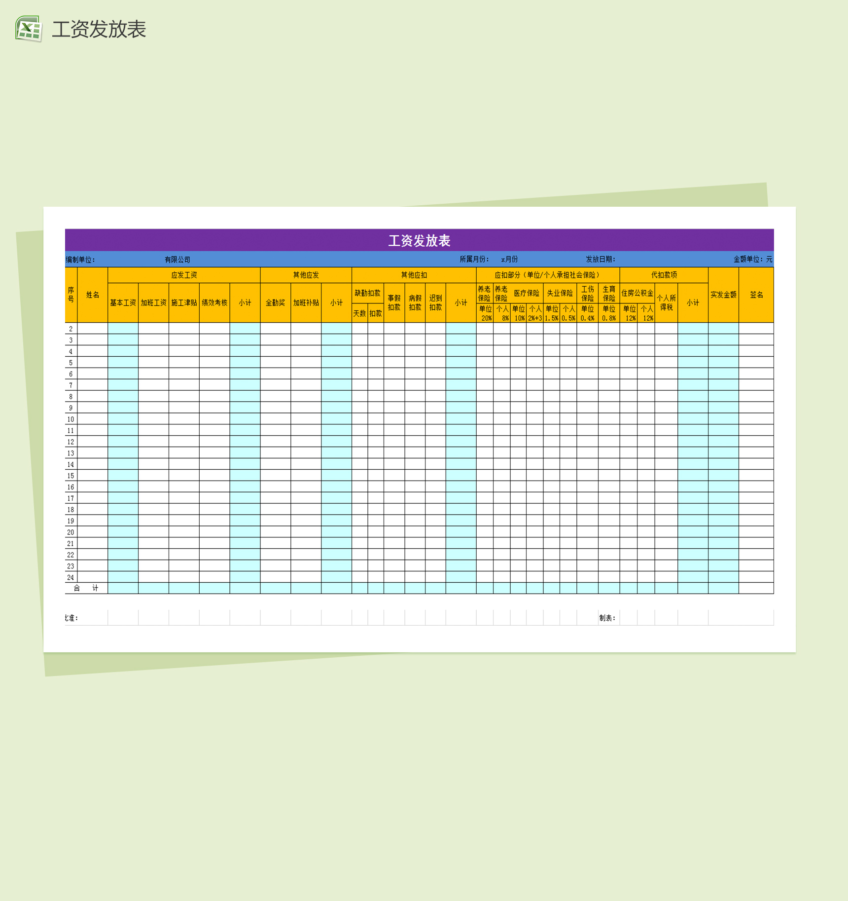 员工工资发放统计excel表格模板