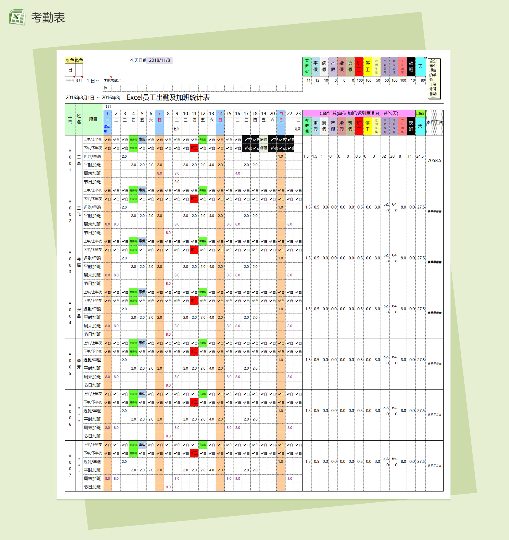 excel员工出勤及加班统计表-1