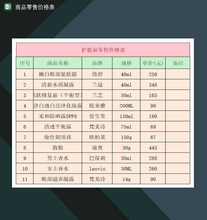 护肤品商品零售价格明细表Excel模板