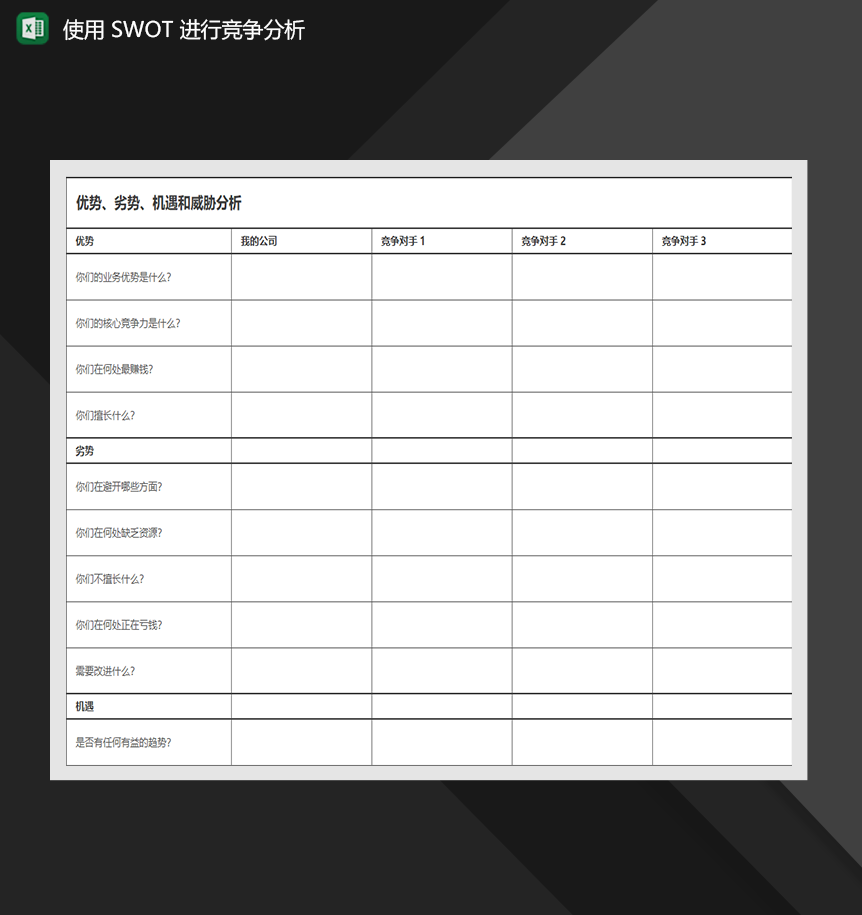 使用 SWOT 进行竞争分析市场营销管理Excel模板