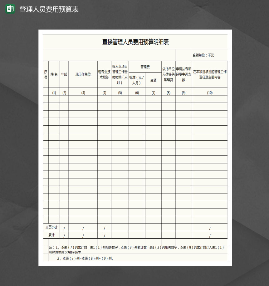 直接管理人员费用预算明细表Excel模板-1