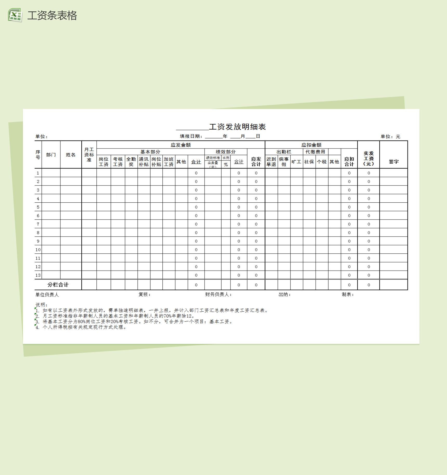 简单的工资发放明细表excel表格模板