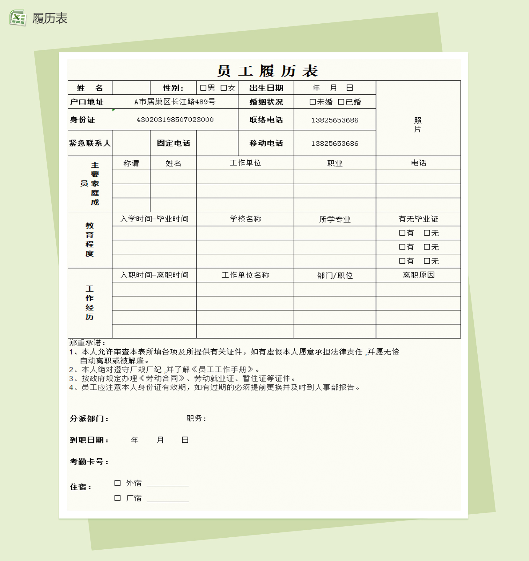 员工履历表Excel模板-1
