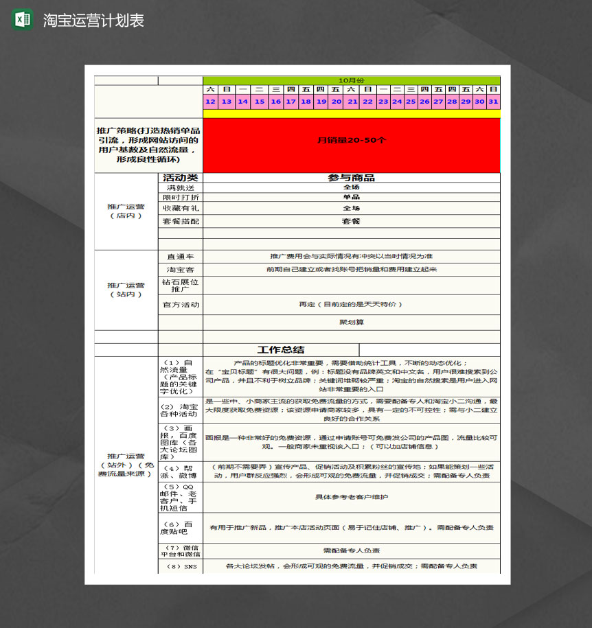 淘宝季度运营计划表Excel模版