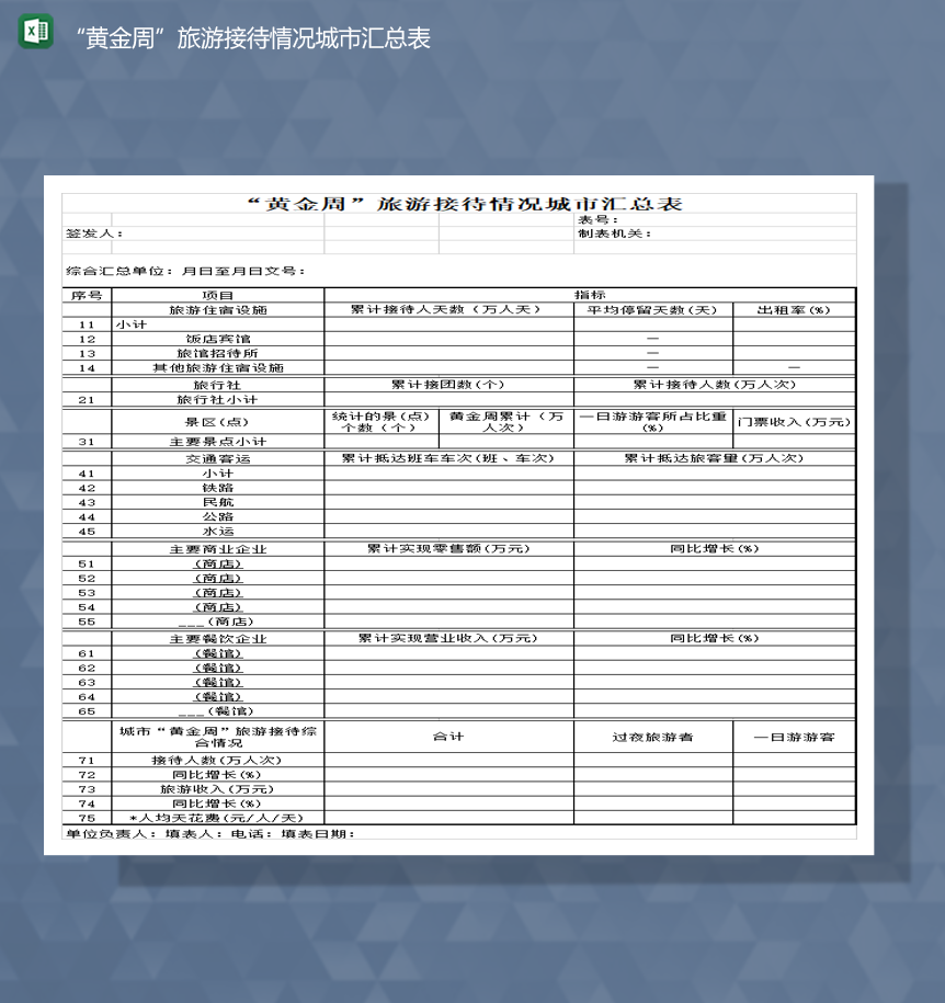 黄金周旅游接待情况城市汇总表Excel模板