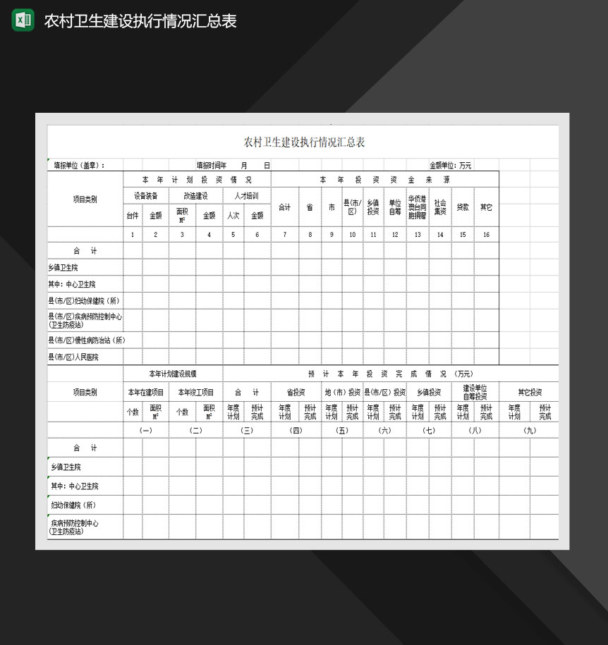 农村卫生建设执行情况汇总表Excel模板