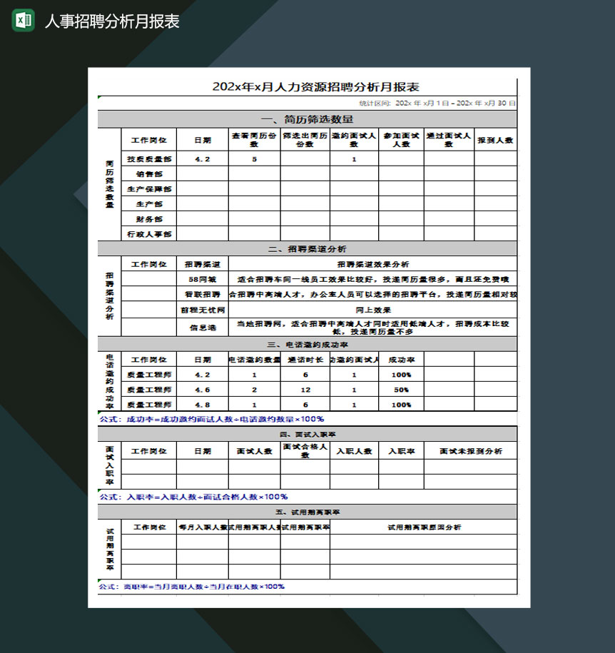 人事招聘分析月报表excel模板