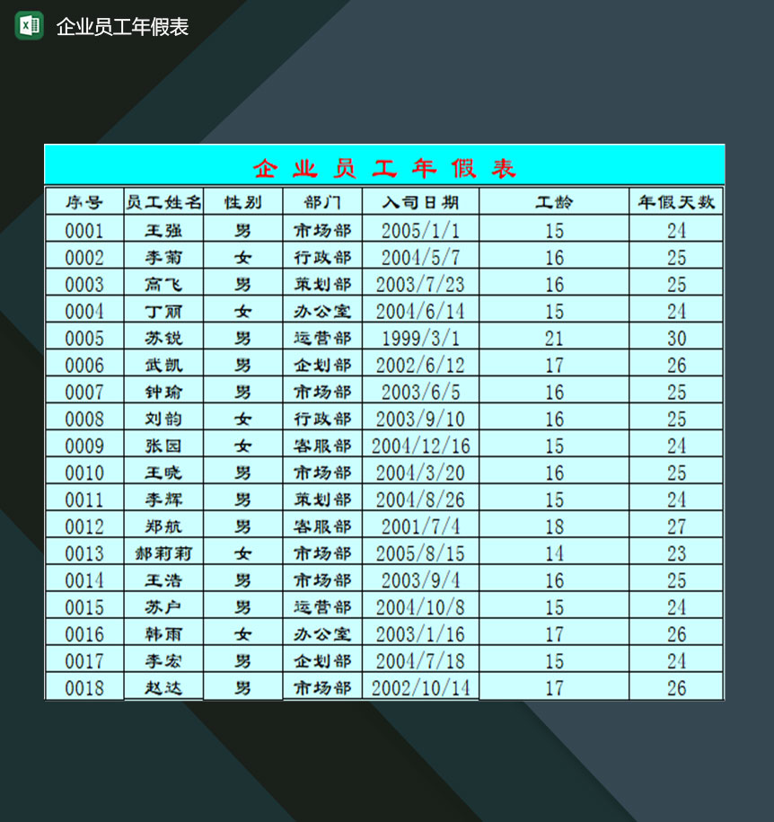 企业行政人员常用员工年假明细登记表Excel模板