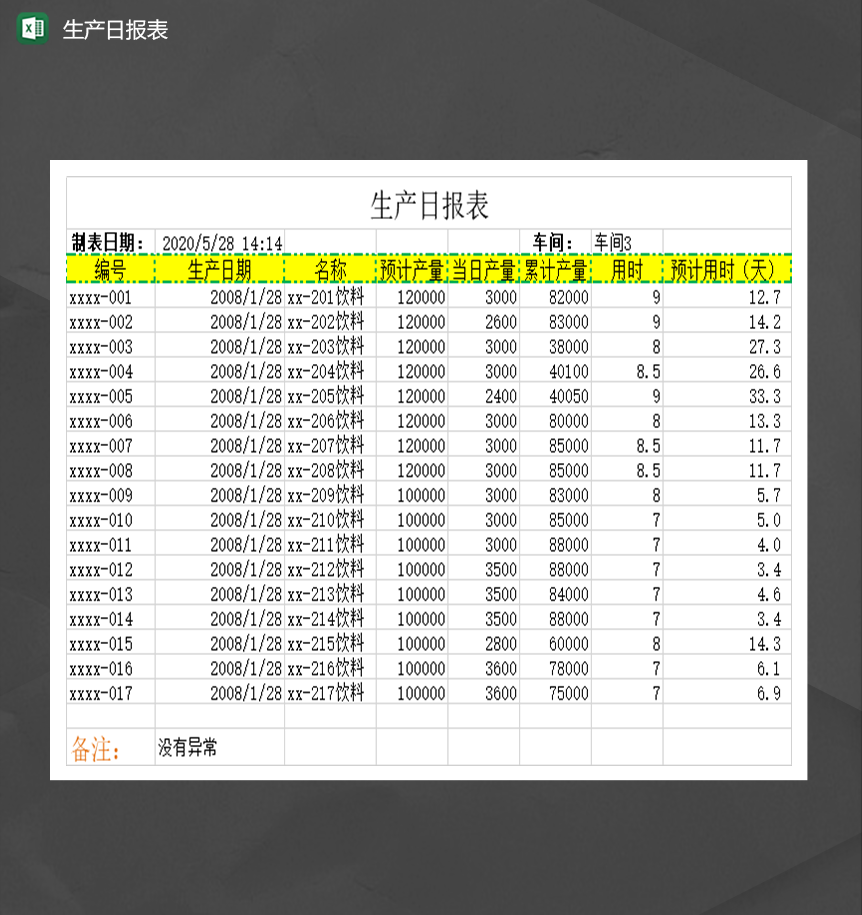 公司生产数量情况汇总日报表通用Excel模板