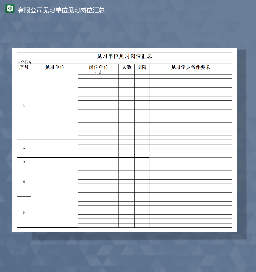 2020有限公司见习单位见习岗位汇总报表Excel模板