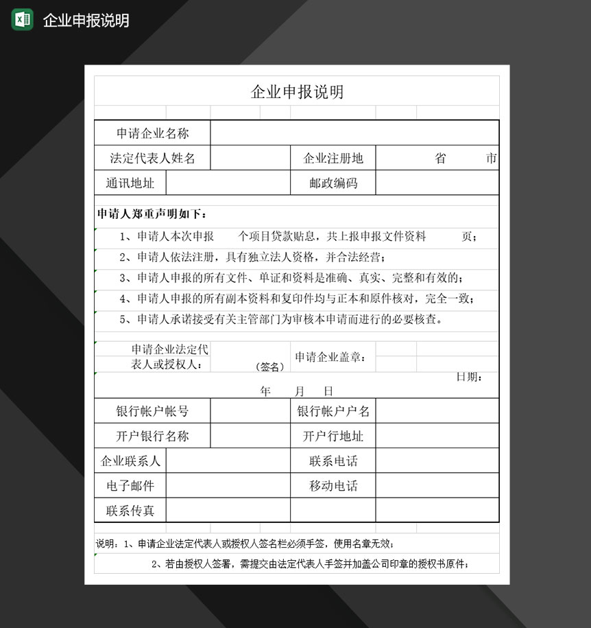 企业申报明细报表说明Excel模板