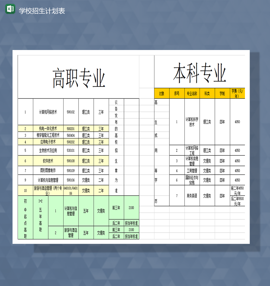 学校招生计划学生处招生统计包报表Excel模板