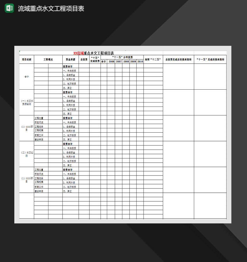 流域重点水文工程项目表Excel模板