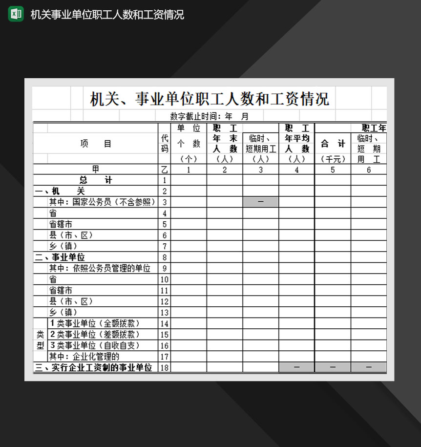 机关事业单位职工人数和工资情况Excel模板