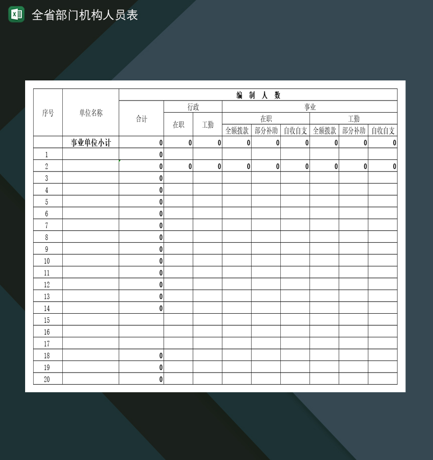 全省部门机构人员统计登记表Excel模板