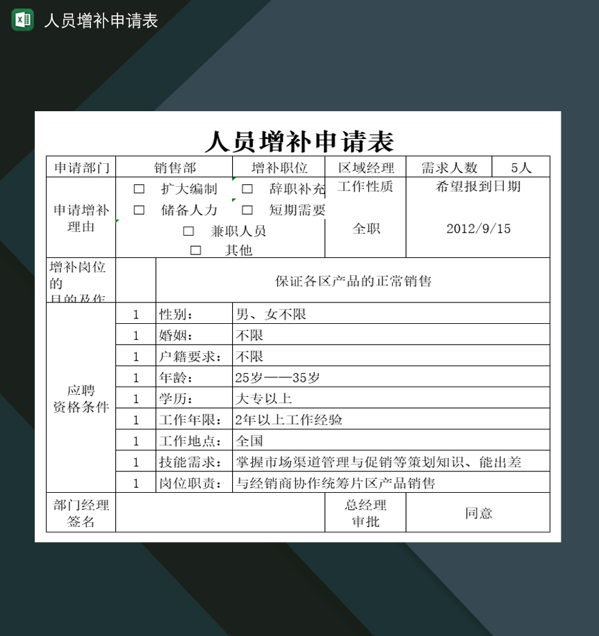 某公司某企业人员增补申请表Excel模板