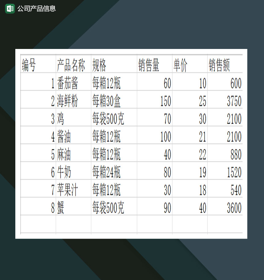 公司产品信息详情单Excel模板