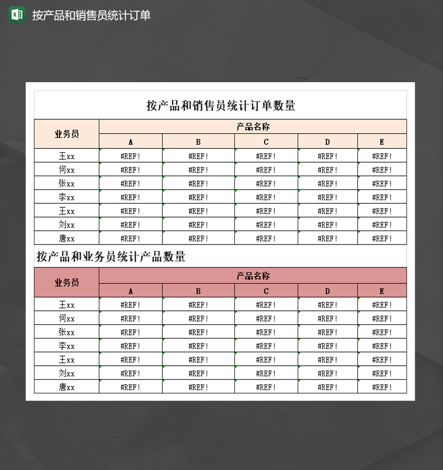 按产品和销售员统计订单销售数量统计报表Excel模板-1