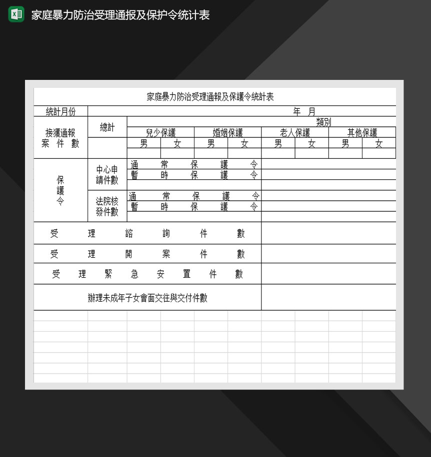 家庭暴力防治受理通报及保护令统计表Excel模板