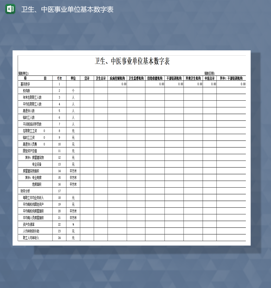 卫生中医事业单位机构基本信息表Excel模板