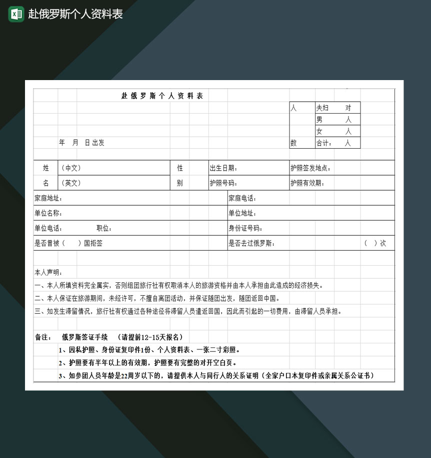 赴俄罗斯个人资料表Excel模板